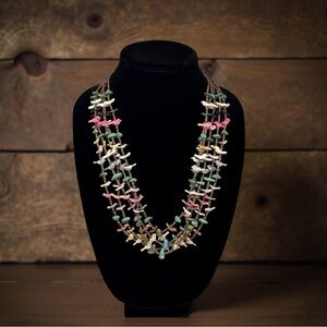 Vtg Multi (5) Strand Bird Fetish Necklace Turquoise Shell & Sterling Silver 24”